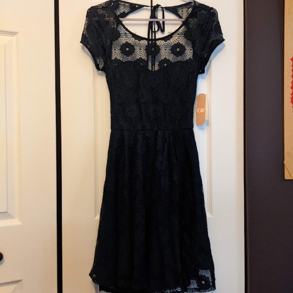 Open back, tie neck, lace, sweetheart, short sleeve, navy - Picture 1 of 5